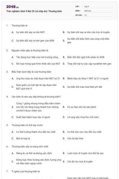 Trắc nghiệm Sinh 9 Bài 25 (có đáp án): Thường biến