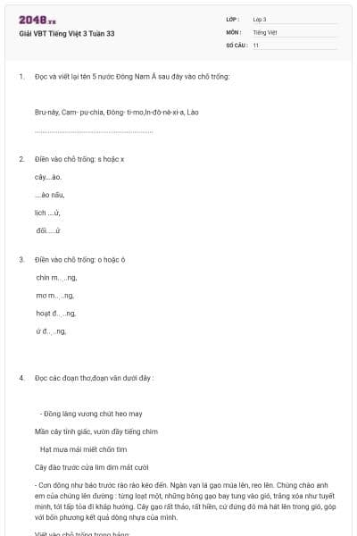 Giải VBT Tiếng Việt 3 Tuần 33