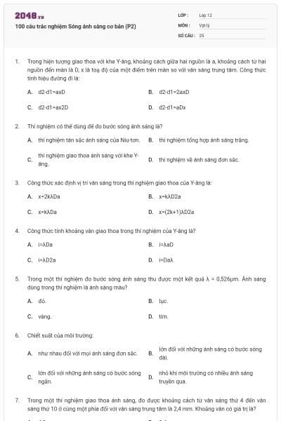 100 câu trắc nghiệm Sóng ánh sáng cơ bản (P2)