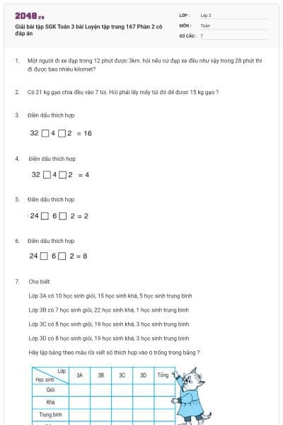 Giải bài tập SGK Toán 3 bài Luyện tập trang 167 Phần 2 có đáp án