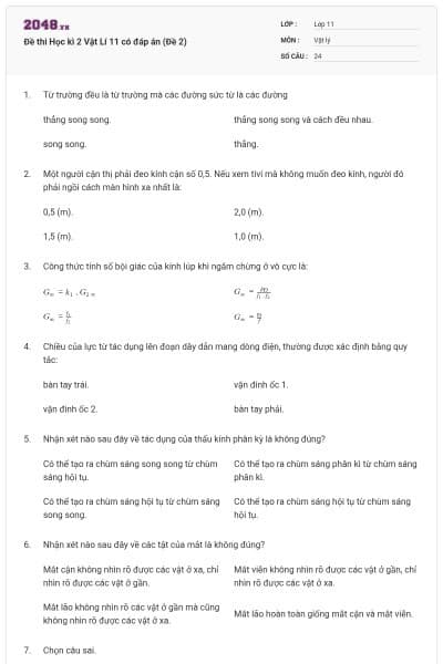 Đề thi Học kì 2 Vật Lí 11 có đáp án (Đề 2)