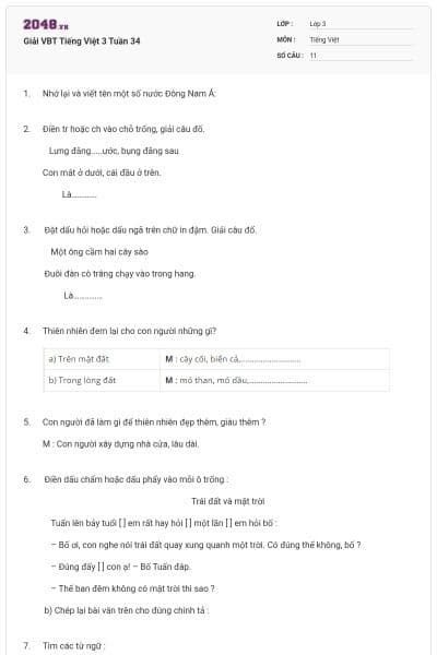 Giải VBT Tiếng Việt 3 Tuần 34