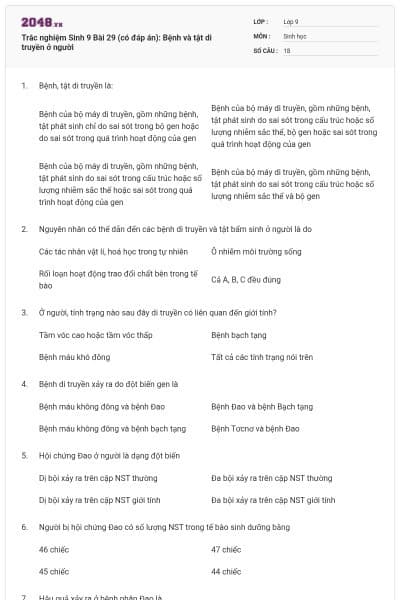 Trắc nghiệm Sinh 9 Bài 29 (có đáp án): Bệnh và tật di truyền ở người