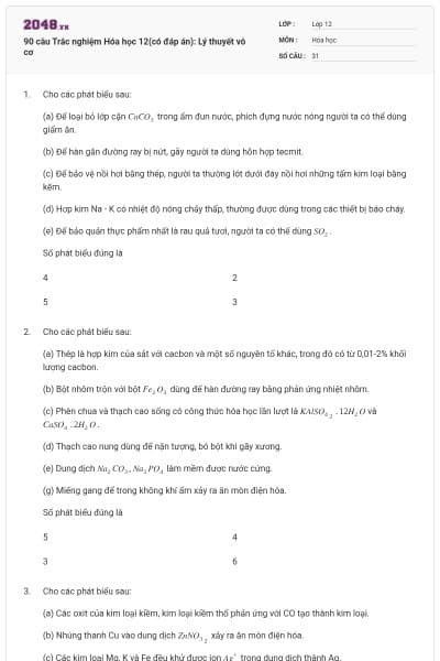 90 câu Trắc nghiệm Hóa học 12(có đáp án): Lý thuyết vô cơ