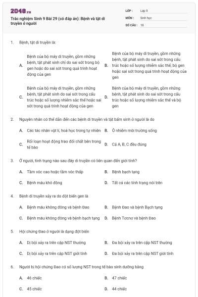 Trắc nghiệm Sinh 9 Bài 29 (có đáp án): Bệnh và tật di truyền ở người