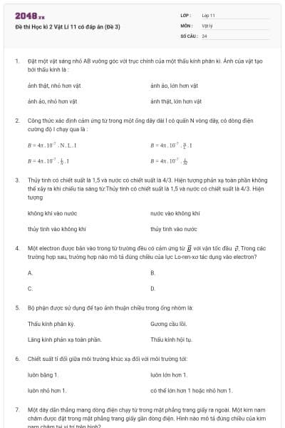Đề thi Học kì 2 Vật Lí 11 có đáp án (Đề 3)