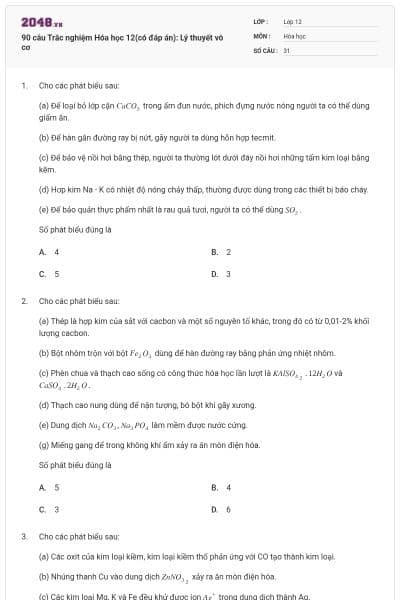 90 câu Trắc nghiệm Hóa học 12(có đáp án): Lý thuyết vô cơ
