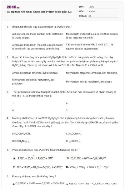 Bài tập tổng hợp Amin, Amino axit, Protein có lời giải ( p3)