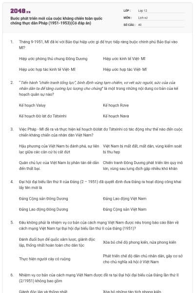 Bước phát triển mới của cuộc kháng chiến toàn quốc chống thực dân Pháp (1951-1953)(Có đáp án)