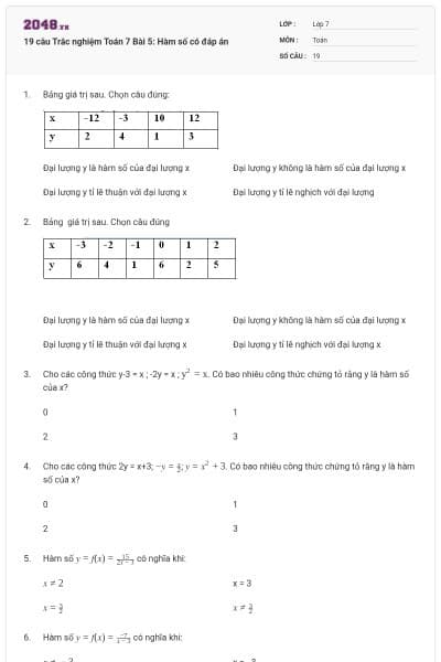 19 câu Trắc nghiệm Toán 7 Bài 5: Hàm số có đáp án