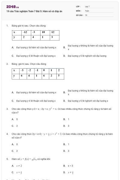 19 câu Trắc nghiệm Toán 7 Bài 5: Hàm số có đáp án