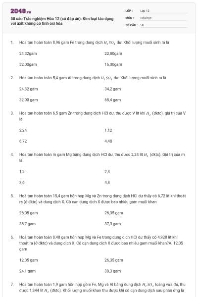 58 câu Trắc nghiệm Hóa 12 (có đáp án): Kim loại tác dụng với axit không có tính oxi hóa