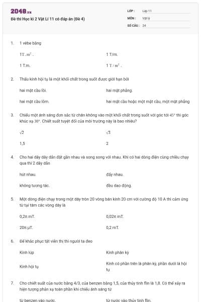 Đề thi Học kì 2 Vật Lí 11 có đáp án (Đề 4)