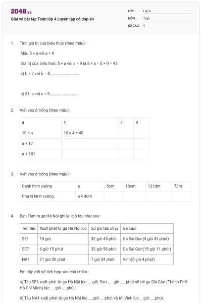 Giải vở bài tập Toán lớp 4 Luyện tập có đáp án