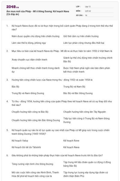 Âm mưu mới của Pháp - Mĩ ở Đông Dương: Kế hoạch Nava (Có đáp án)