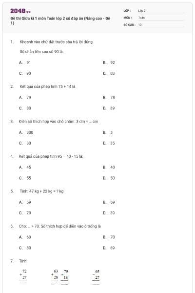 Đề thi Giữa kì 1 môn Toán lớp 2 có đáp án (Nâng cao - Đề 1)