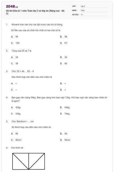 Đề thi Giữa kì 1 môn Toán lớp 2 có đáp án (Nâng cao - Đề 2)