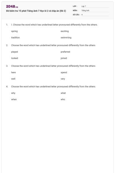 Đề kiểm tra 15 phút Tiếng Anh 7 Học kì 2 có đáp án (Đề 2)