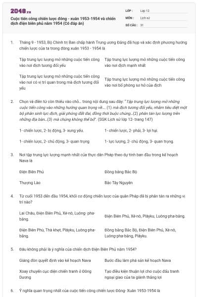 Cuộc tiến công chiến lược đông - xuân 1953-1954 và chiến dịch điện biên phủ năm 1954 (Có đáp án)
