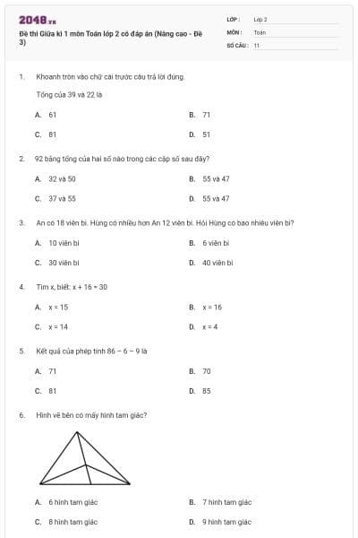 Đề thi Giữa kì 1 môn Toán lớp 2 có đáp án (Nâng cao - Đề 3)