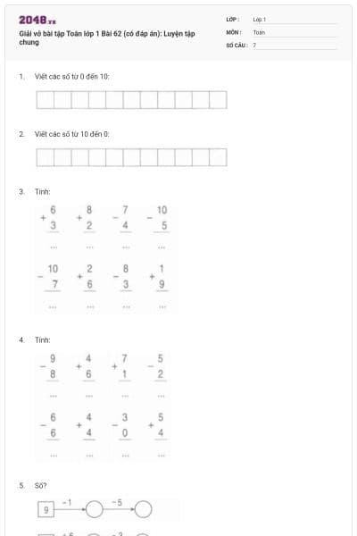 Giải vở bài tập Toán lớp 1 Bài 62 (có đáp án): Luyện tập chung