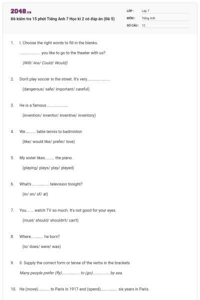 Đề kiểm tra 15 phút Tiếng Anh 7 Học kì 2 có đáp án (Đề 5)