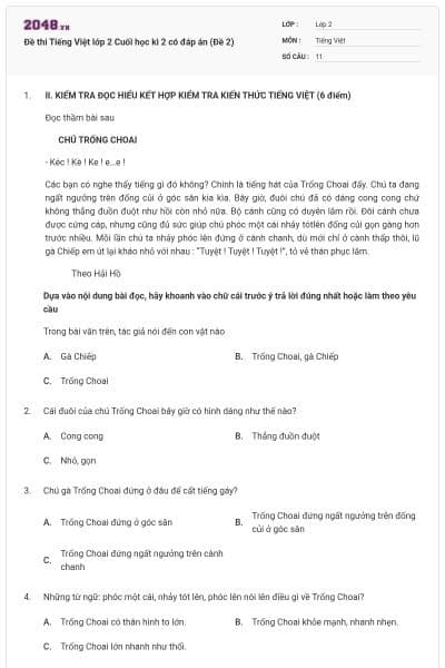Đề thi Tiếng Việt lớp 2 Cuối học kì 2 có đáp án (Đề 2)