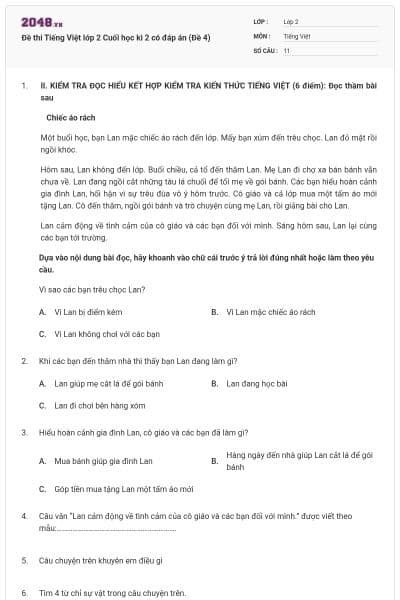 Đề thi Tiếng Việt lớp 2 Cuối học kì 2 có đáp án (Đề 4)