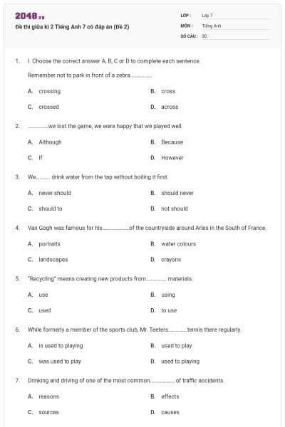 Đề thi giữa kì 2 Tiếng Anh 7 có đáp án (Đề 2)