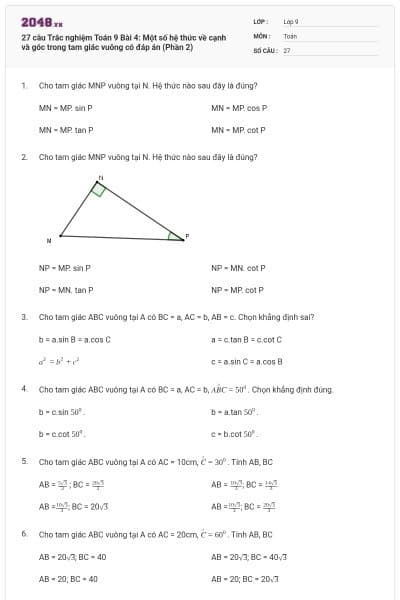 27 câu Trắc nghiệm Toán 9 Bài 4: Một số hệ thức về cạnh và góc trong tam giác vuông có đáp án (Phần 2)