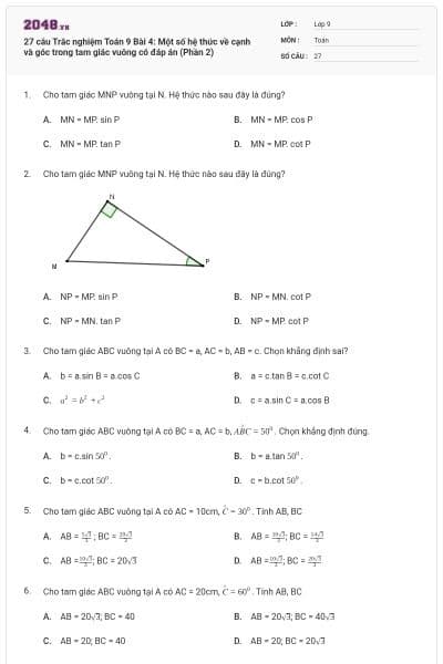 27 câu Trắc nghiệm Toán 9 Bài 4: Một số hệ thức về cạnh và góc trong tam giác vuông có đáp án (Phần 2)