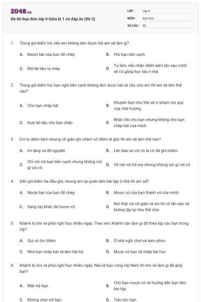 Đề thi Đạo Đức lớp 4 Giữa kì 1 có đáp án (Đề 3)