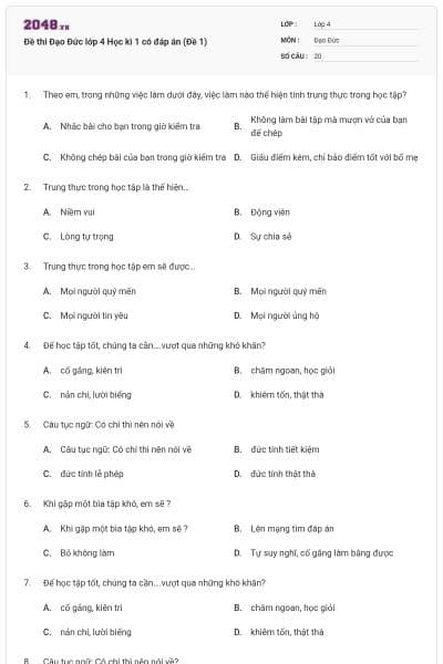Đề thi Đạo Đức lớp 4 Học kì 1 có đáp án (Đề 1)
