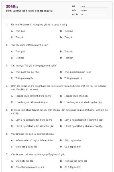 Đề thi Đạo Đức lớp 4 Học kì 1 có đáp án (Đề 2)