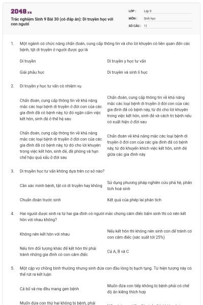 Trắc nghiệm Sinh 9 Bài 30 (có đáp án): Di truyền học với con người
