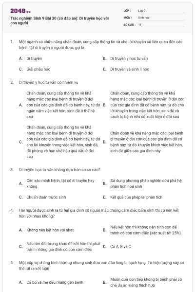 Trắc nghiệm Sinh 9 Bài 30 (có đáp án): Di truyền học với con người
