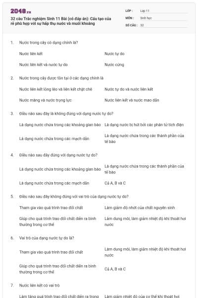 32 câu  Trắc nghiệm Sinh 11 Bài  (có đáp án): Cấu tạo của rễ phù hợp với sự hấp thụ nước và muối khoáng