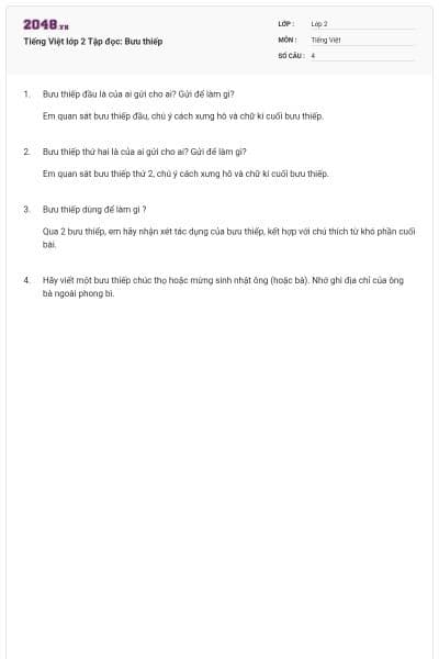 Tiếng Việt lớp 2 Tập đọc: Bưu thiếp