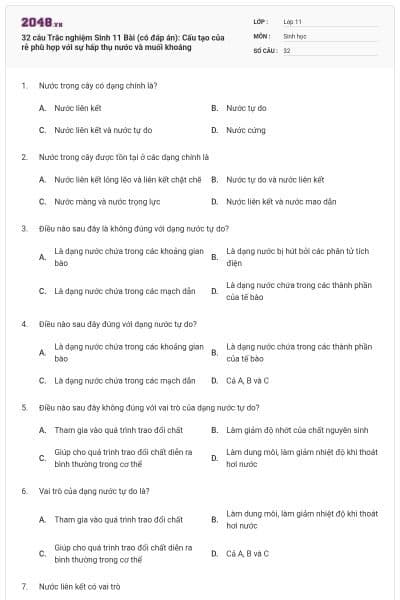 32 câu  Trắc nghiệm Sinh 11 Bài  (có đáp án): Cấu tạo của rễ phù hợp với sự hấp thụ nước và muối khoáng