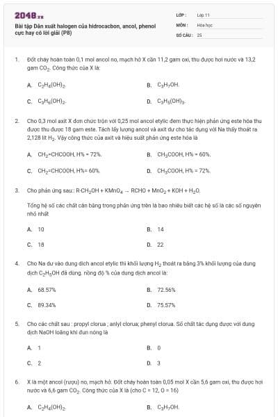 Bài tập Dẫn xuất halogen của hidrocacbon, ancol, phenol cực hay có lời giải (P8)