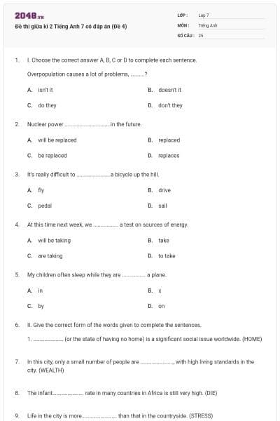 Đề thi giữa kì 2 Tiếng Anh 7 có đáp án (Đề 4)