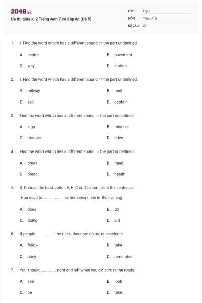 Đề thi giữa kì 2 Tiếng Anh 7 có đáp án (Đề 5)