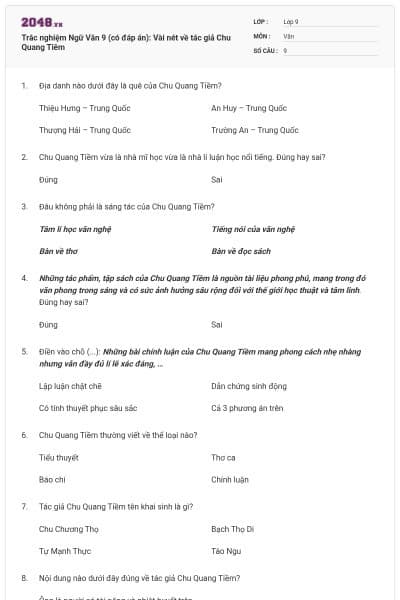 Trắc nghiệm Ngữ Văn 9 (có đáp án): Vài nét về tác giả Chu Quang Tiêm