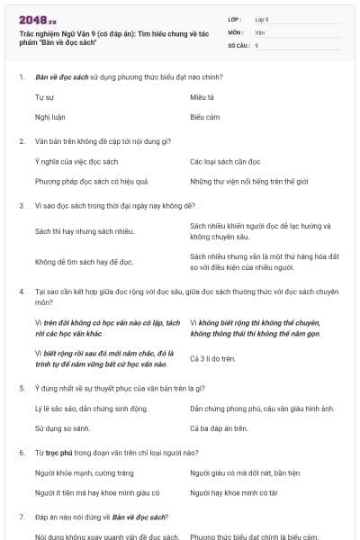 Trắc nghiệm Ngữ Văn 9 (có đáp án): Tìm hiểu chung về tác phẩm "Bàn về đọc sách"