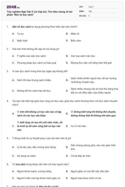 Trắc nghiệm Ngữ Văn 9 (có đáp án): Tìm hiểu chung về tác phẩm "Bàn về đọc sách"