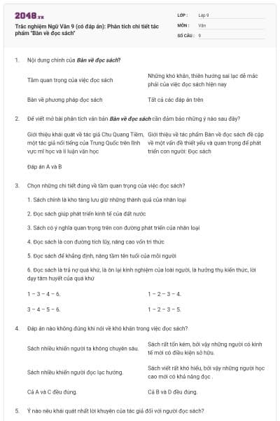 Trắc nghiệm Ngữ Văn 9 (có đáp án): Phân tích chi tiết tác phẩm "Bàn về đọc sách"