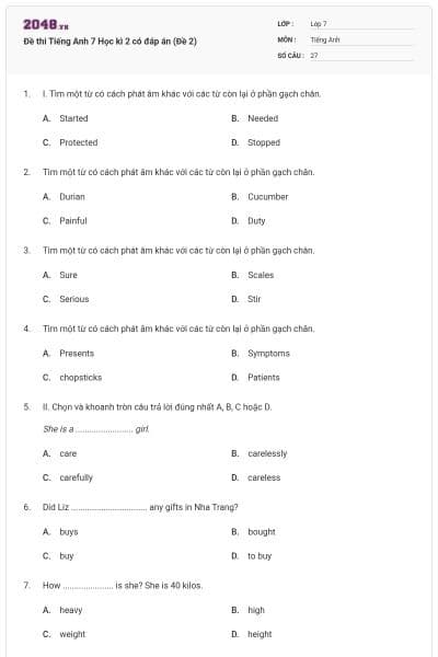 Đề thi Tiếng Anh 7 Học kì 2 có đáp án (Đề 2)