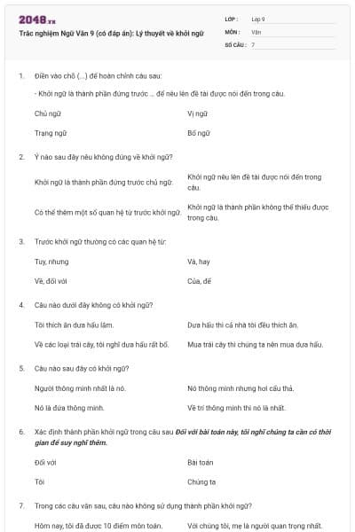 Trắc nghiệm Ngữ Văn 9 (có đáp án): Lý thuyết về khởi ngữ