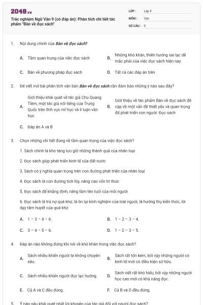 Trắc nghiệm Ngữ Văn 9 (có đáp án): Phân tích chi tiết tác phẩm "Bàn về đọc sách"
