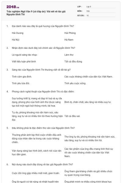 Trắc nghiệm Ngữ Văn 9 (có đáp án): Vài nét về tác giả Nguyễn Đình Thi